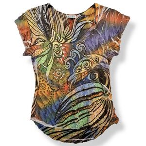 Y2K 90s Ruby Colorful Art Eyelash Ruffle Top Size M Bird Hippie Boho Fairy Gypsy